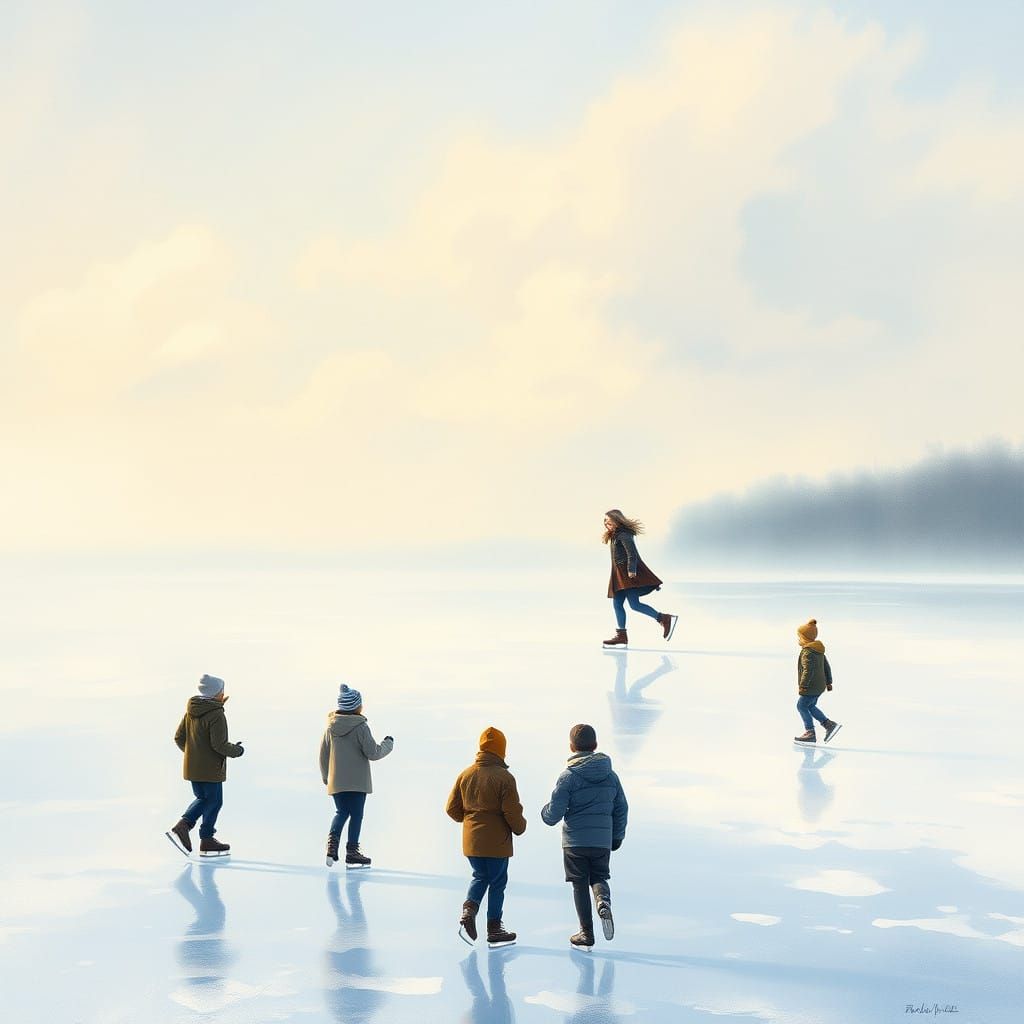 Serene Winter Scene of Ice Skating Maiden in Soft Afternoon...