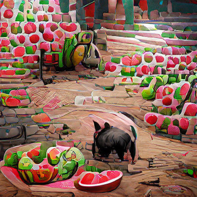 Pig Eating Watermelon Surrounded by Rabbits