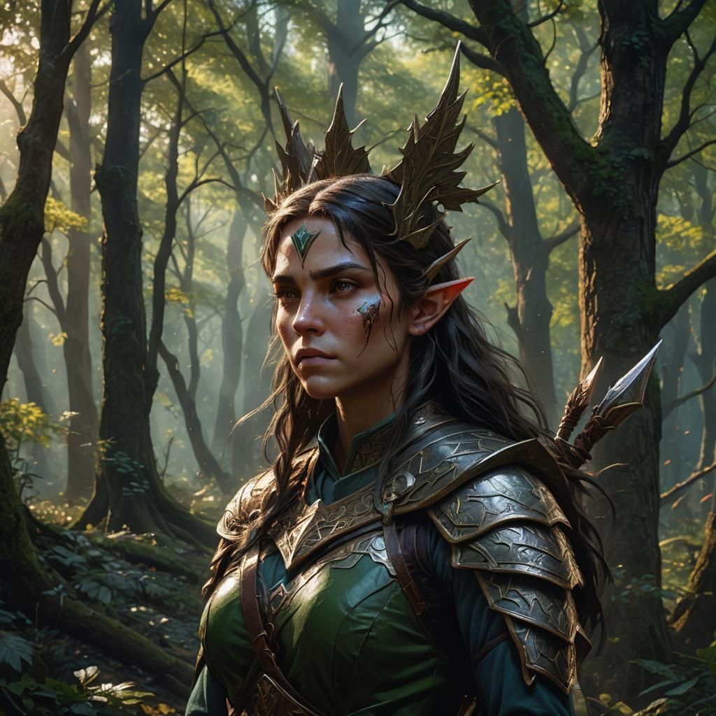 Elf Warrior in Dark Woods: Hyperrealistic Concept Art