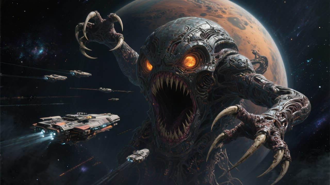 Ominous Planet with Glowing Eyes in Dramatic Sci-Fi Scene