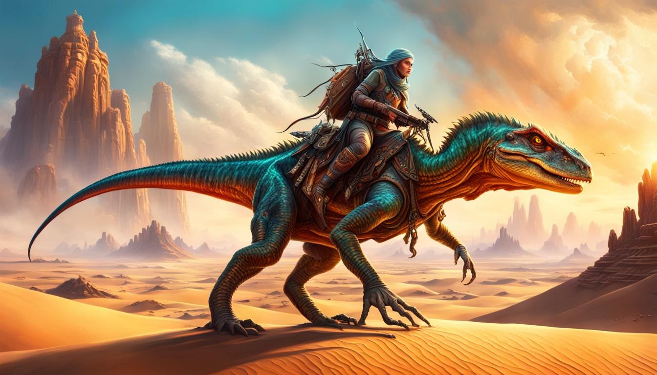Sci-Fi Elf Nomad Rides Lizard in Desert