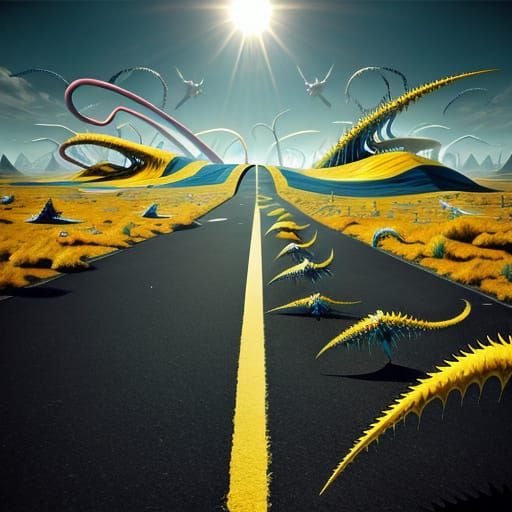 Surreal Abstract Landscape with Triangles and Wispy Creature...