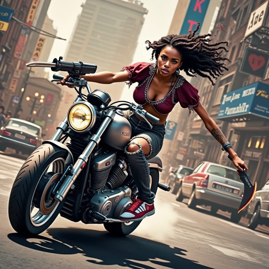 Cyberpunk Goddess on High-Speed Motorcycle