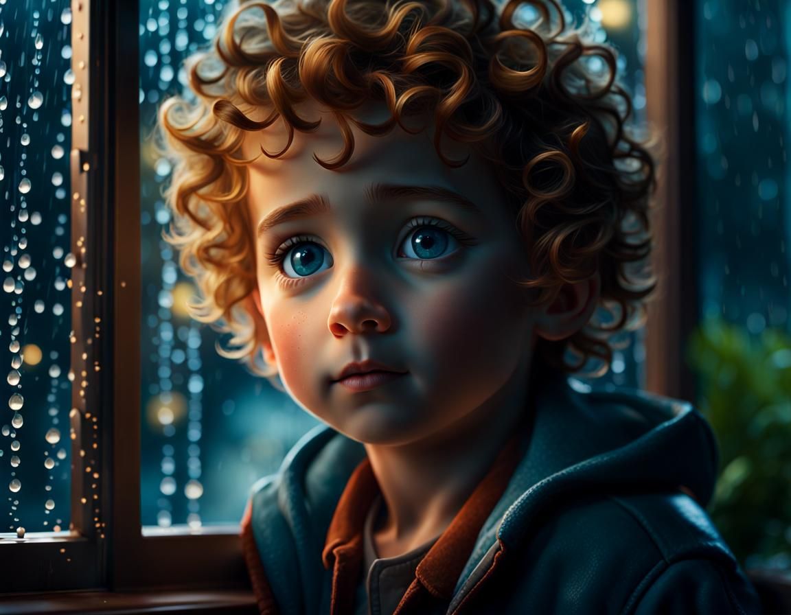 Adorable Boy Looks at Rain, Pixar-Style Digital Art