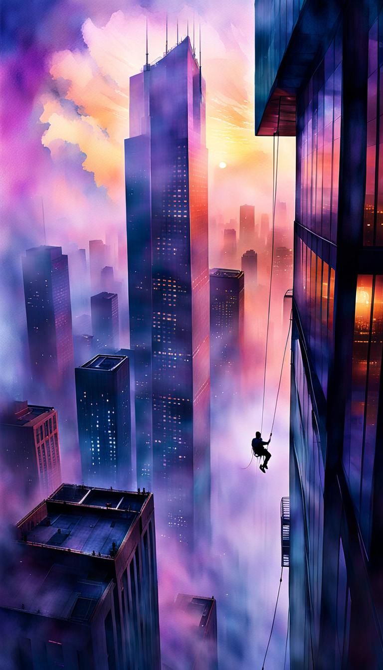 Rappelling Down a Skyscraper: Digital Watercolor Painting