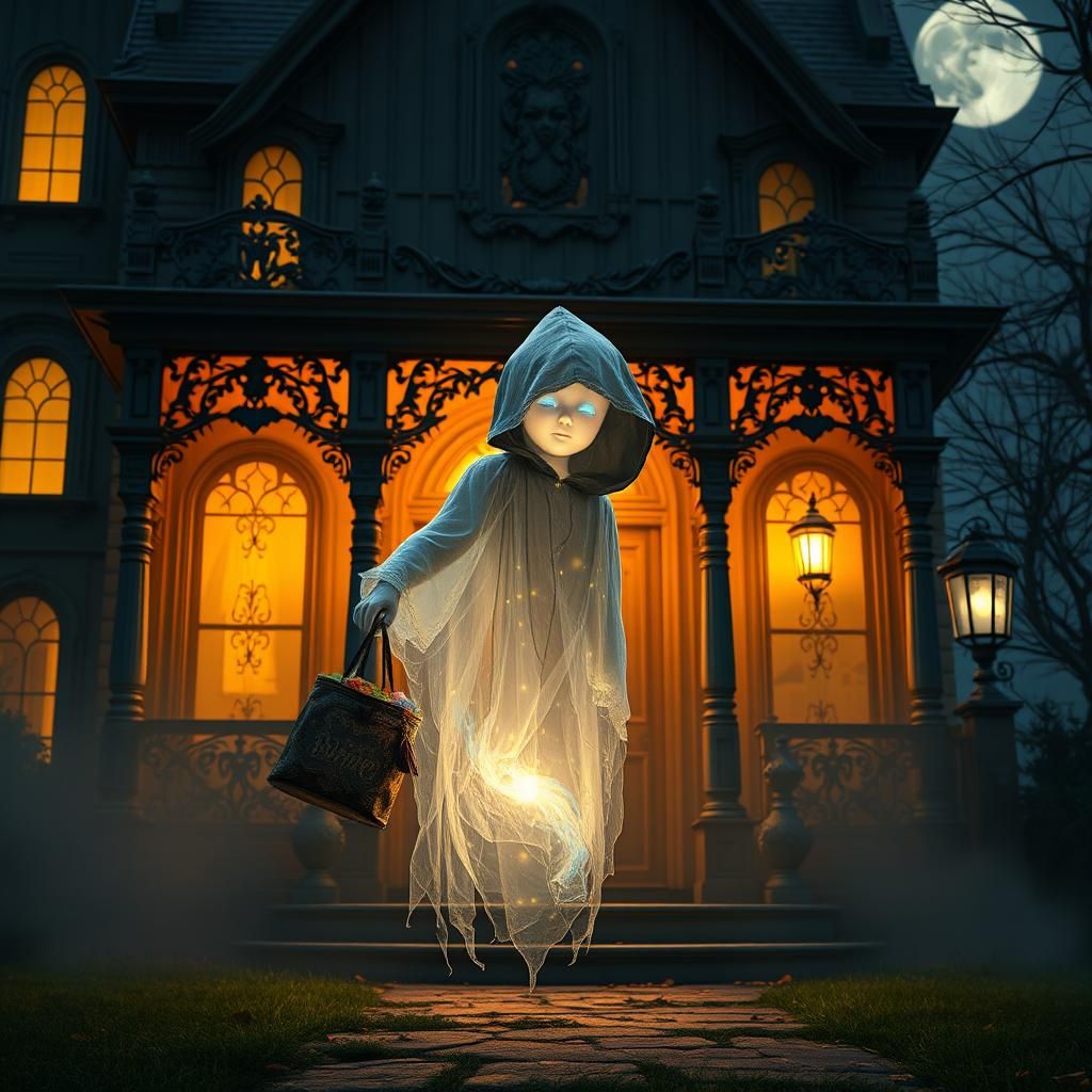 Glowing Specter Approaches Spooky Mansion Entrance