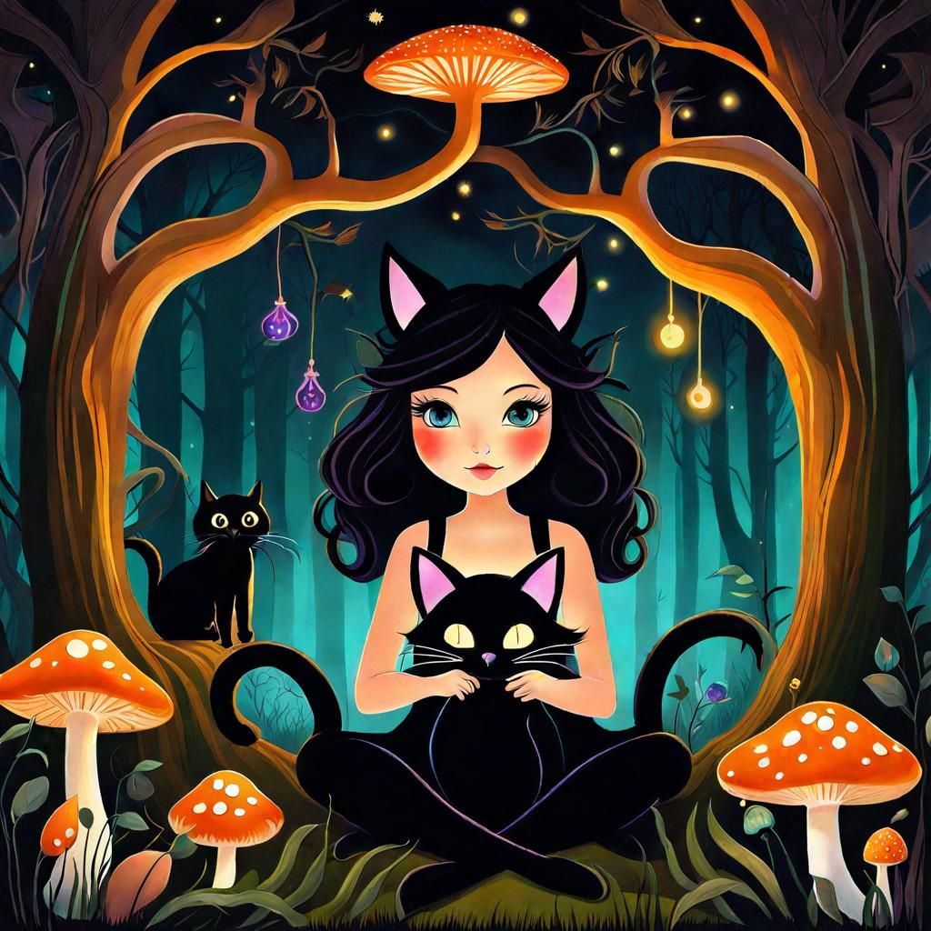 Whimsical Witch and Cat Under Magical Tree
