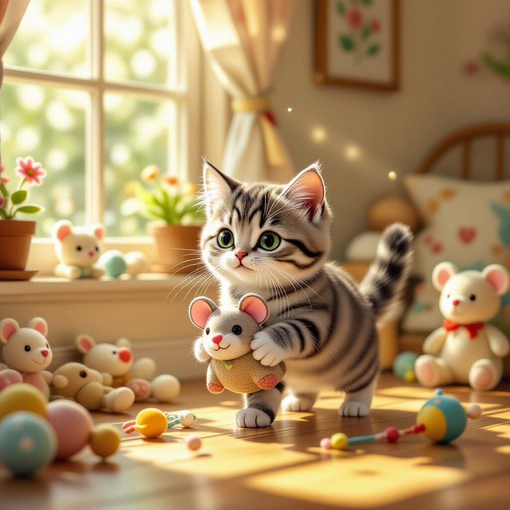 Tabby Cat Carries Toy in Sunlit Room
