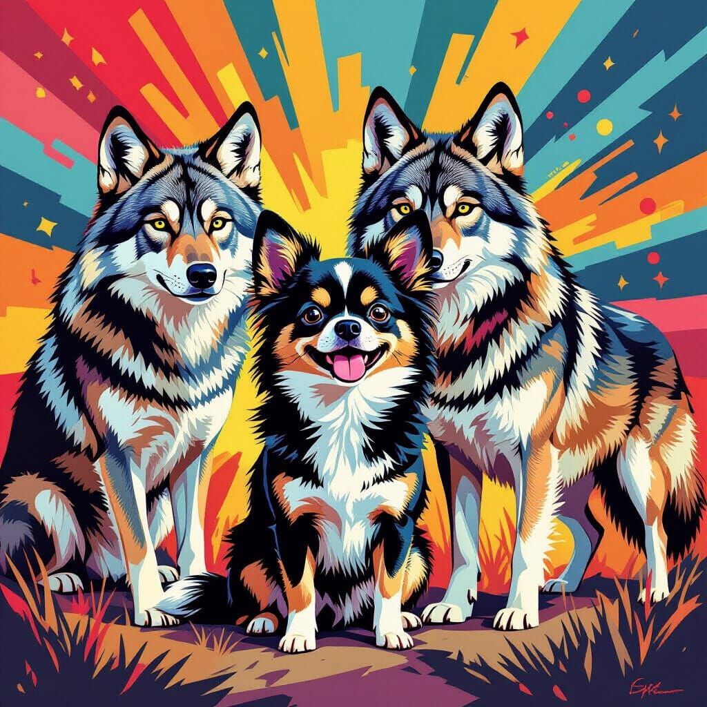 Chihuahua Befriends Majestic Wolves in Pop Art Style