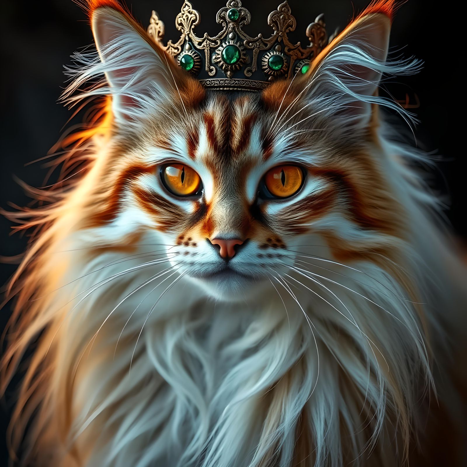Majestic Nordic Cat Queen with Emerald Crown