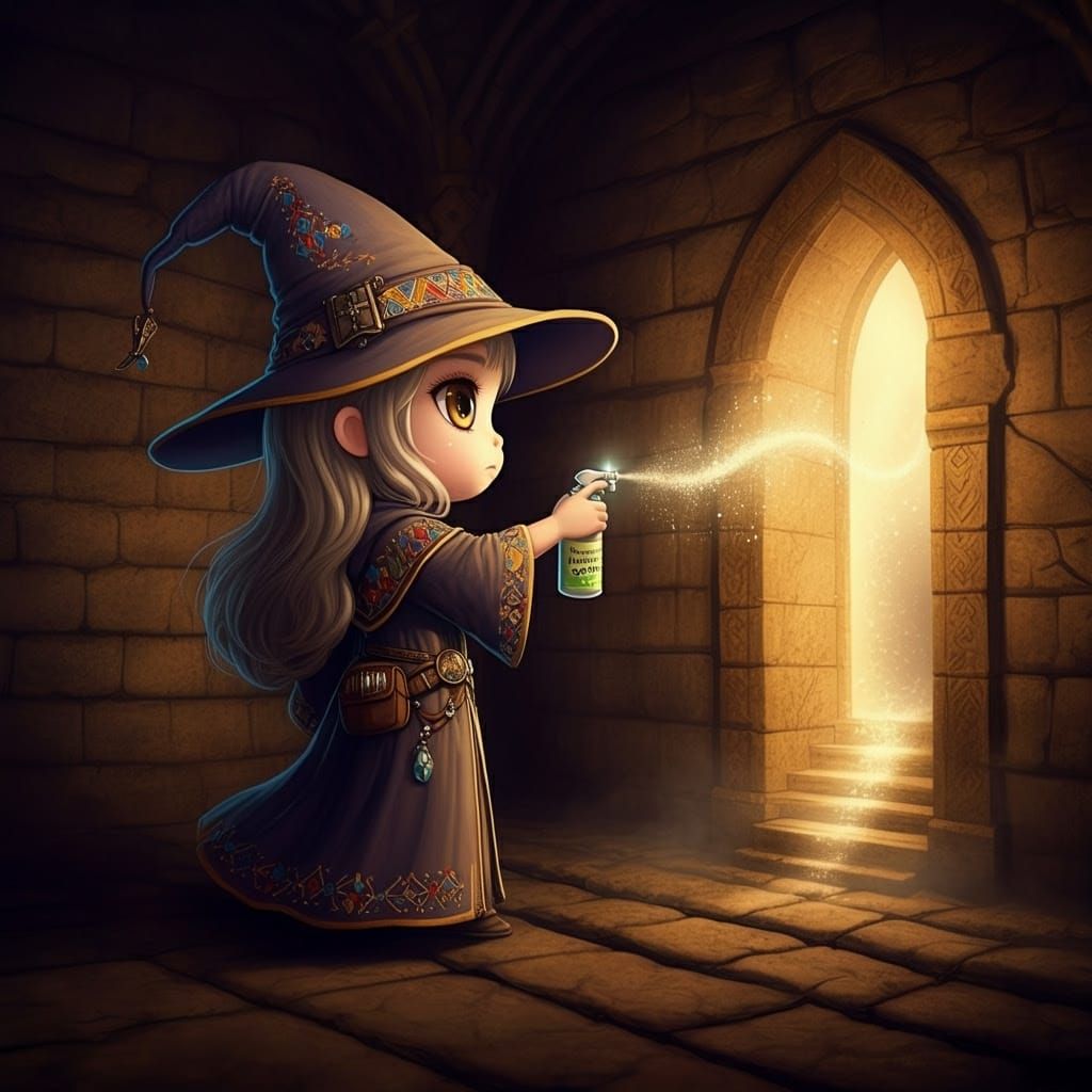 Chibi Sorceress Creates Luminous Doorway in Oil Realism