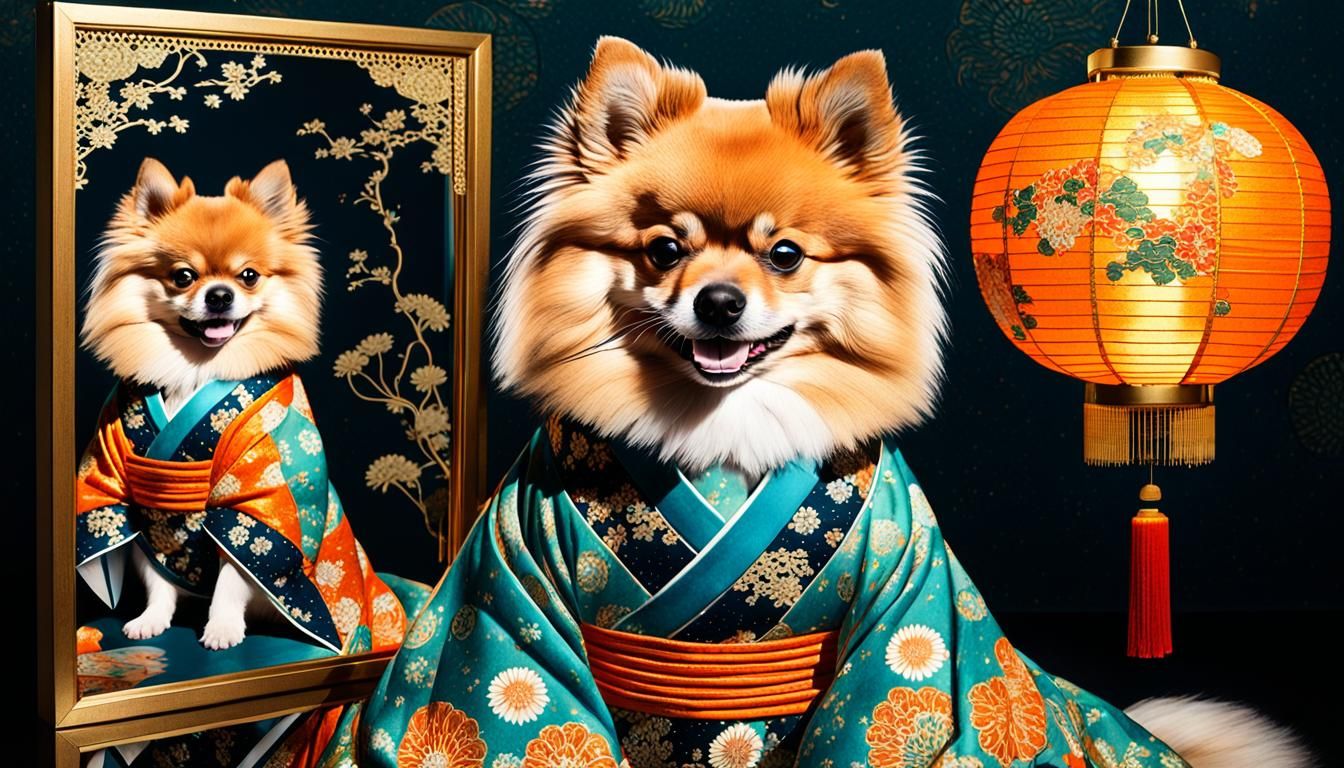 Pomeranian Geisha Dog in Ukiyo-e Style
