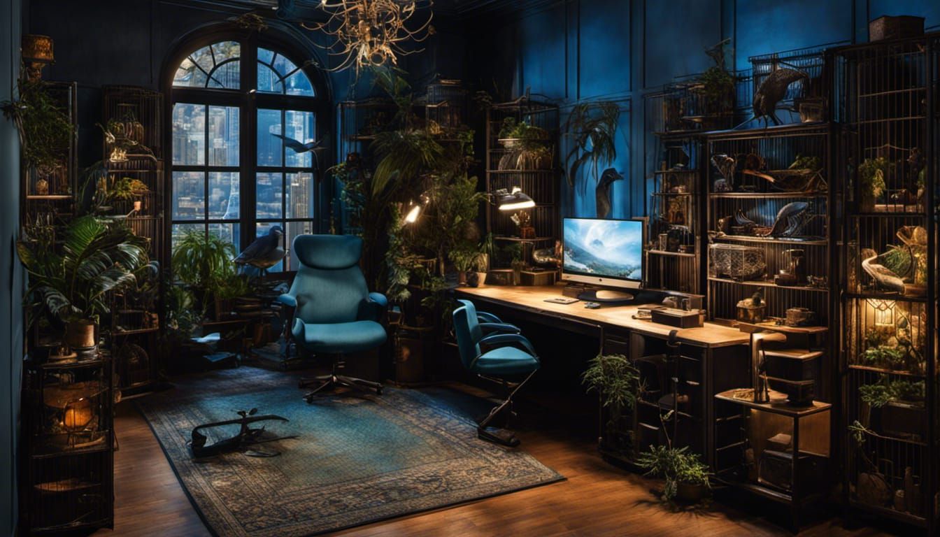 Dimly Lit Blue Room with Gaming Setup