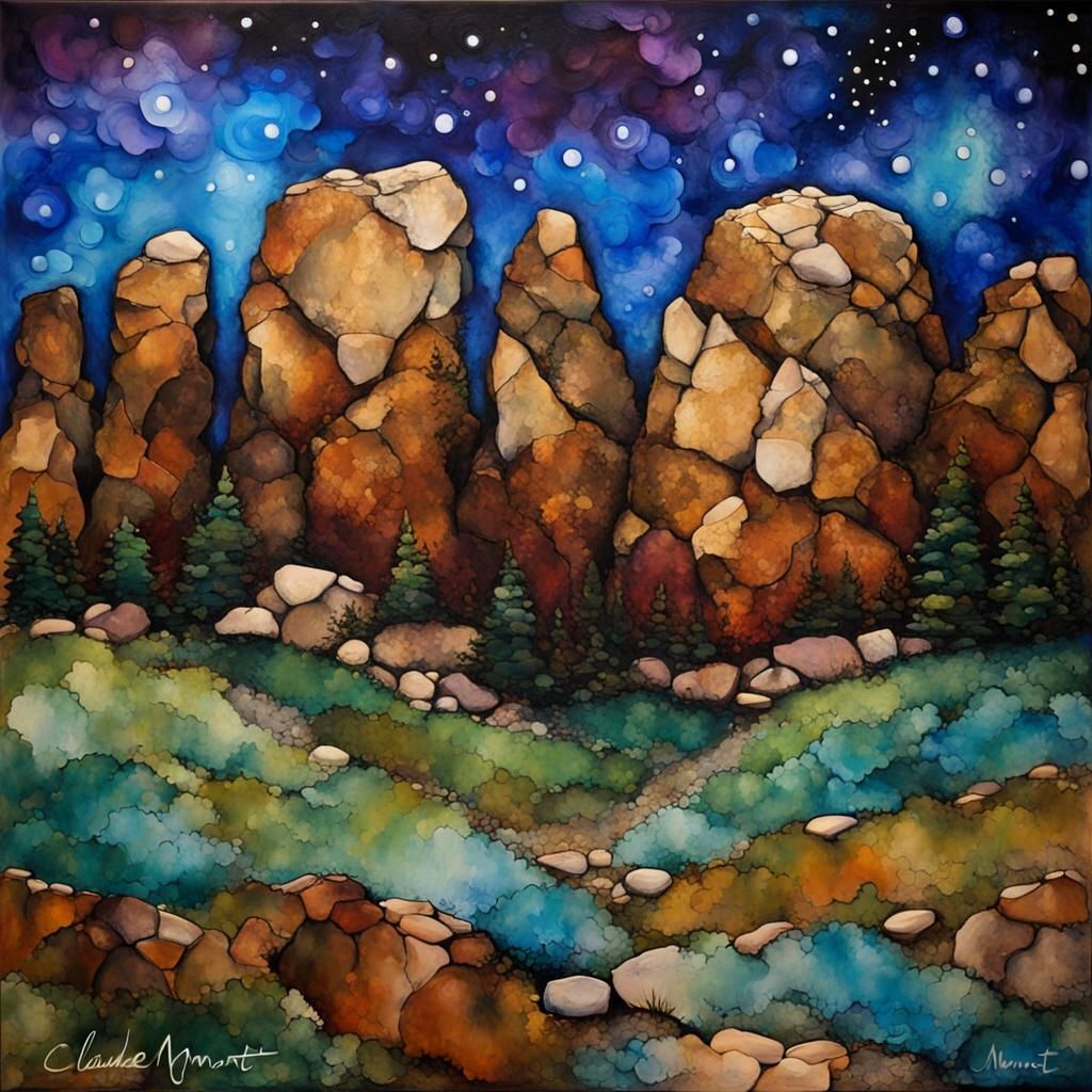 alcohol ink art :: Shawangunks :: brown rock wall face :: starry night black ink blue sage green lavender: neo-impressio...