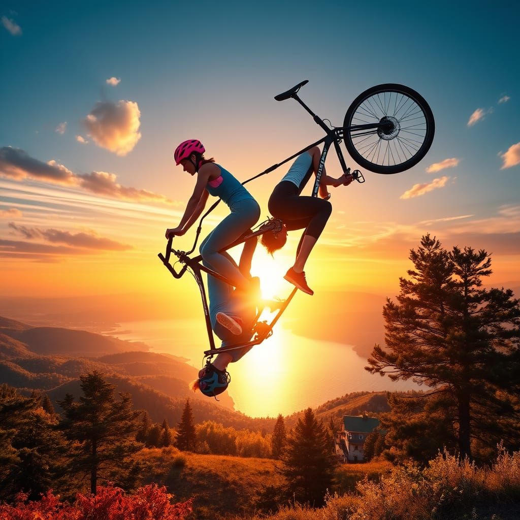 Surreal Tandem Bicycle Riders Soar Above a Vibrant Landscape