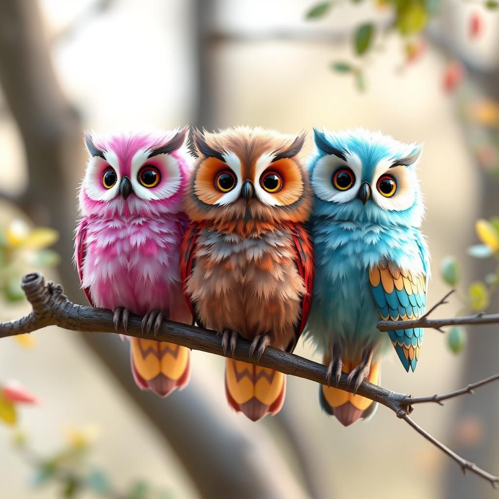Colorful Fluffy Owls on Branch: 3D Anime Art