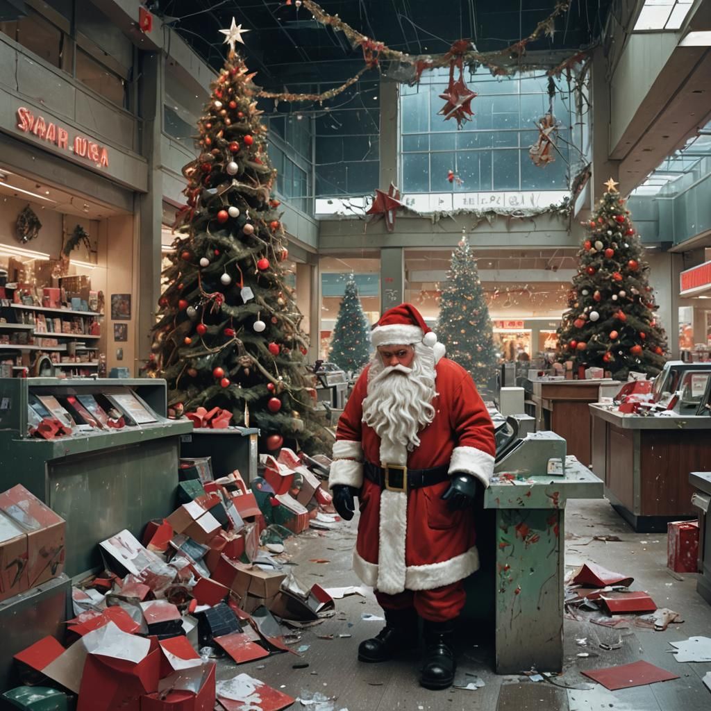 Dystopian Christmas Scene in Neon Noir Futurism