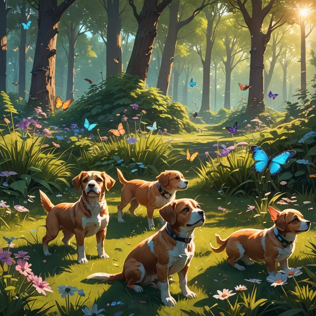 Puppies Playing in Sunlit Park: Fantasy Concept Art