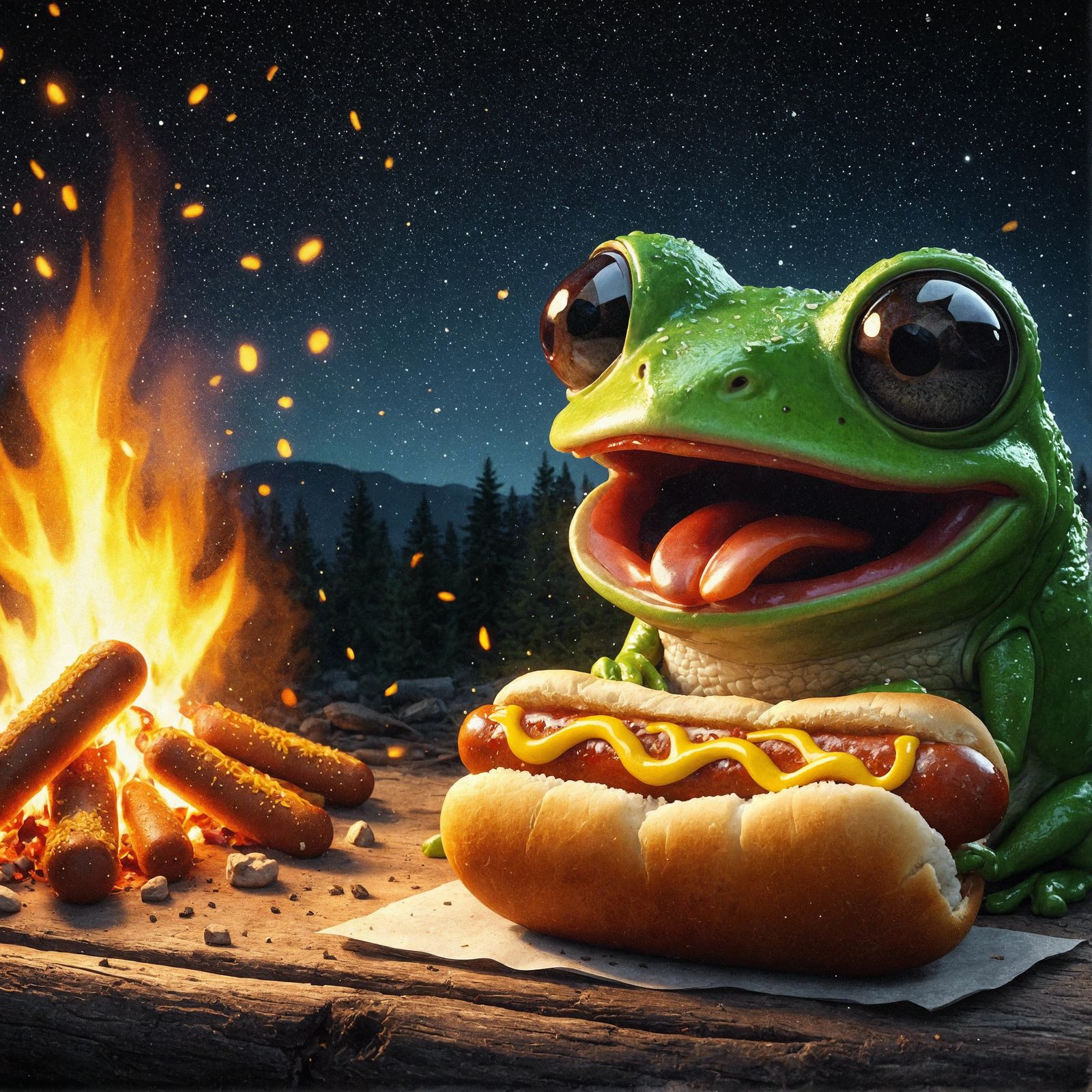 Frog Enjoying Hot Dog by Campfire as Oil Painting