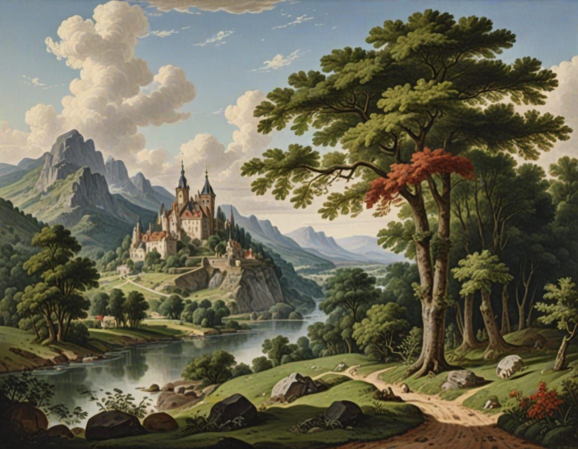 Detailed Floral Landscape in Redouté Style