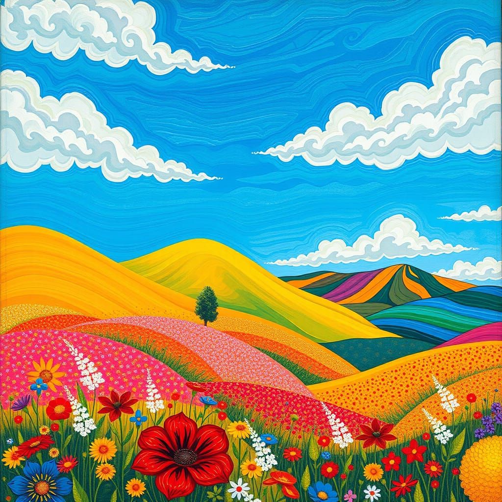 Dreamlike Landscape with Vibrant Blooms and Ornate Details