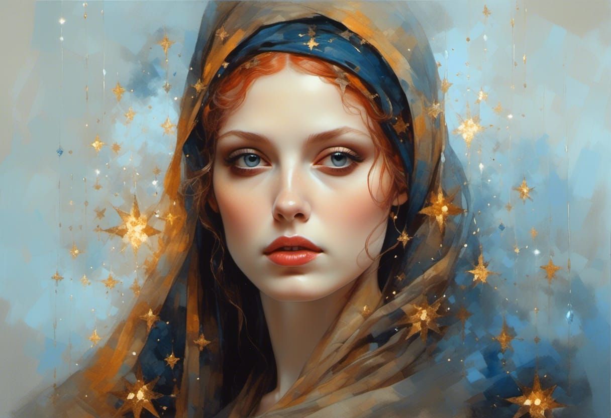 Woman in Starry Headscarf: Hyperrealistic Fantasy Portrait