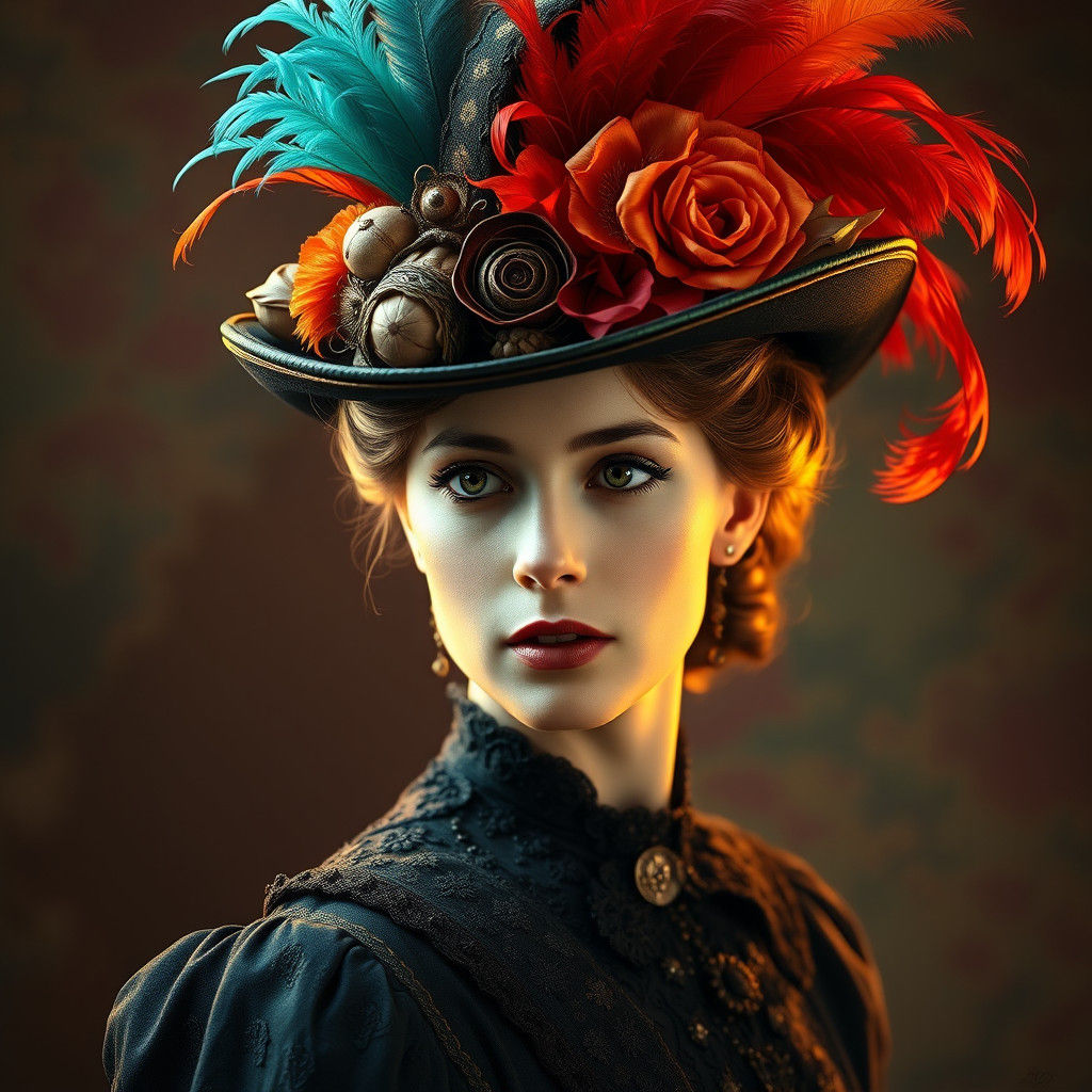 Victorian Lady in Feathered Top Hat Portrait