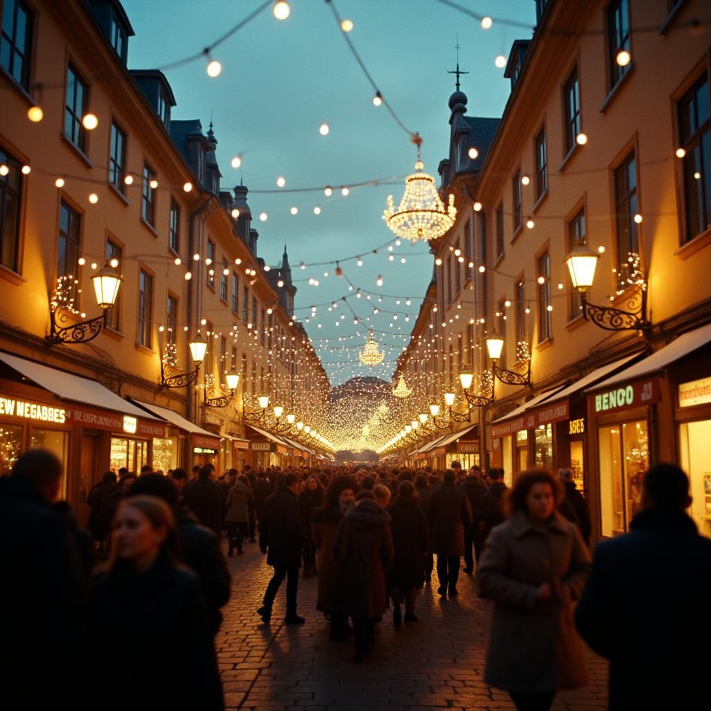 Festive European Town Square at Dusk in Cinematic Style