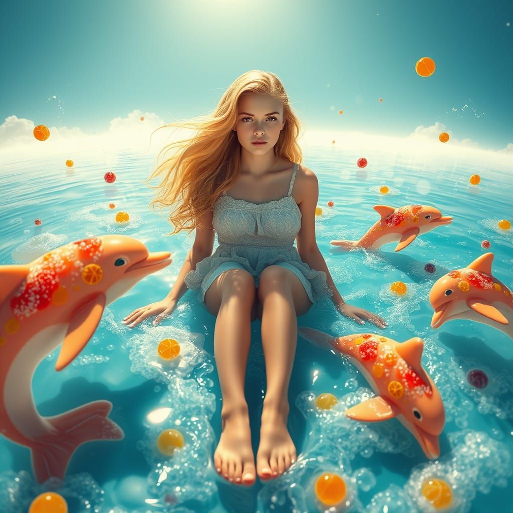 Dreamlike Soda Sea with Candy Dolphins, Digital Art
