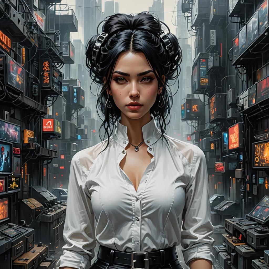 Latin Woman Exploring Ruins in Gothic Cyberpunk Style