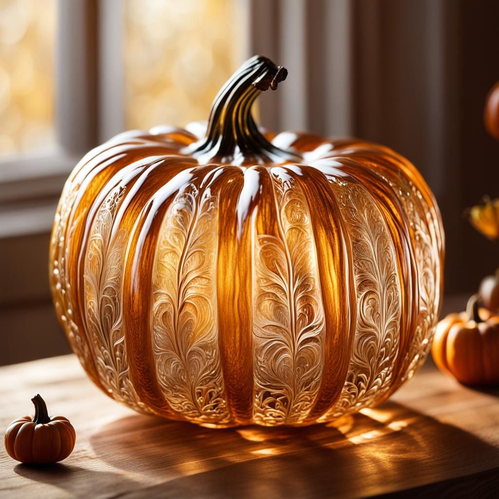 Intricate Glass Pumpkin Art with Warm Lighting