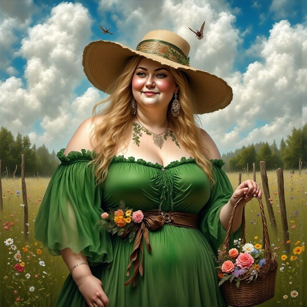 A Blonde Woman Smiles in a Summer Meadow, Oil Painting