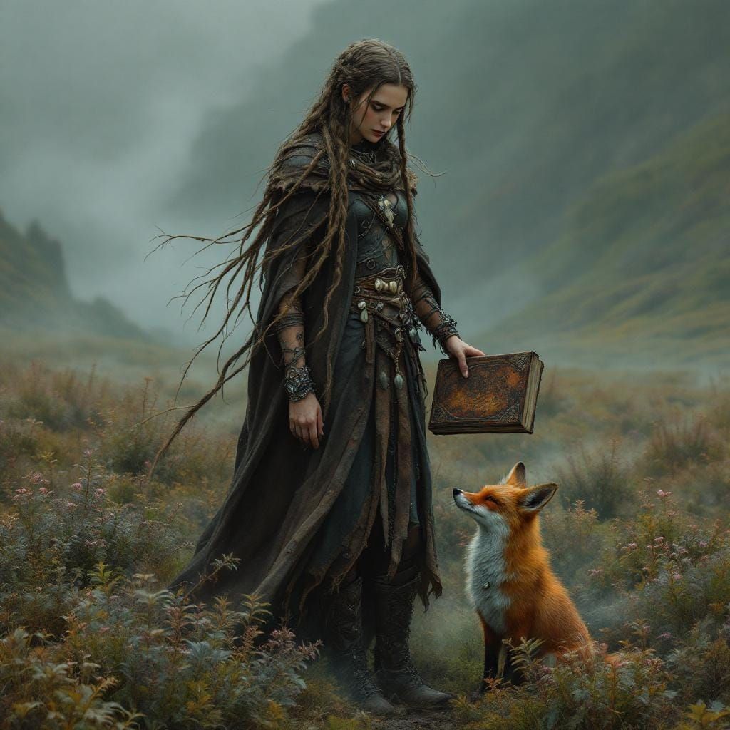 Celtic Witch in Heather Field, Matte Painting Style