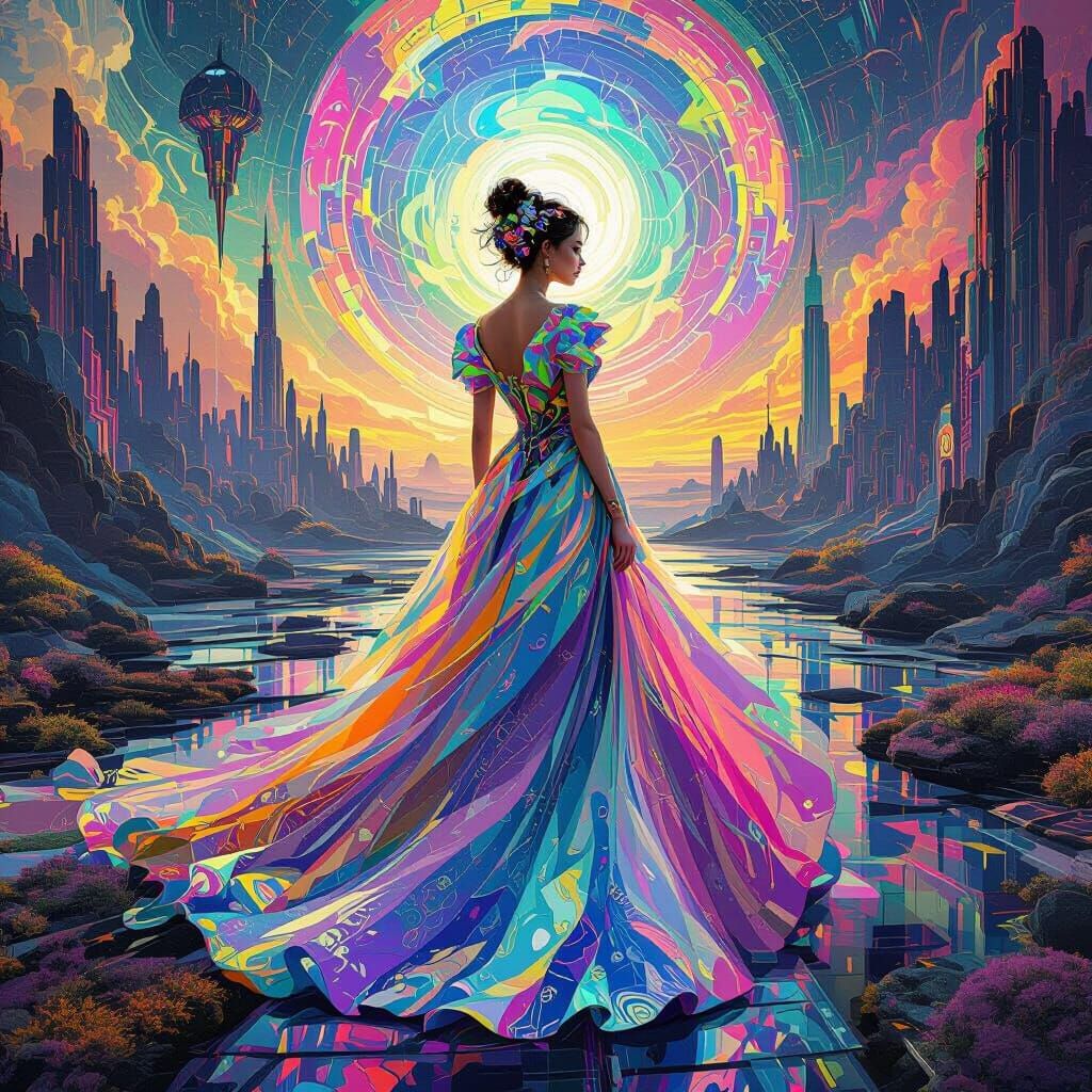 Woman in Kaleidoscopic Dreamscape, Surreal Landscapes