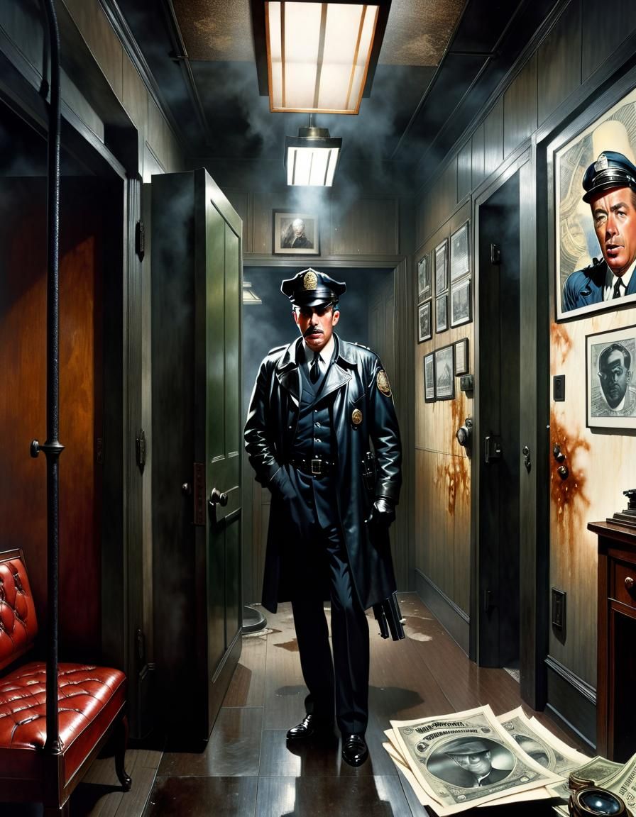 Surreal Atompunk Interrogation Scene in Comic Style