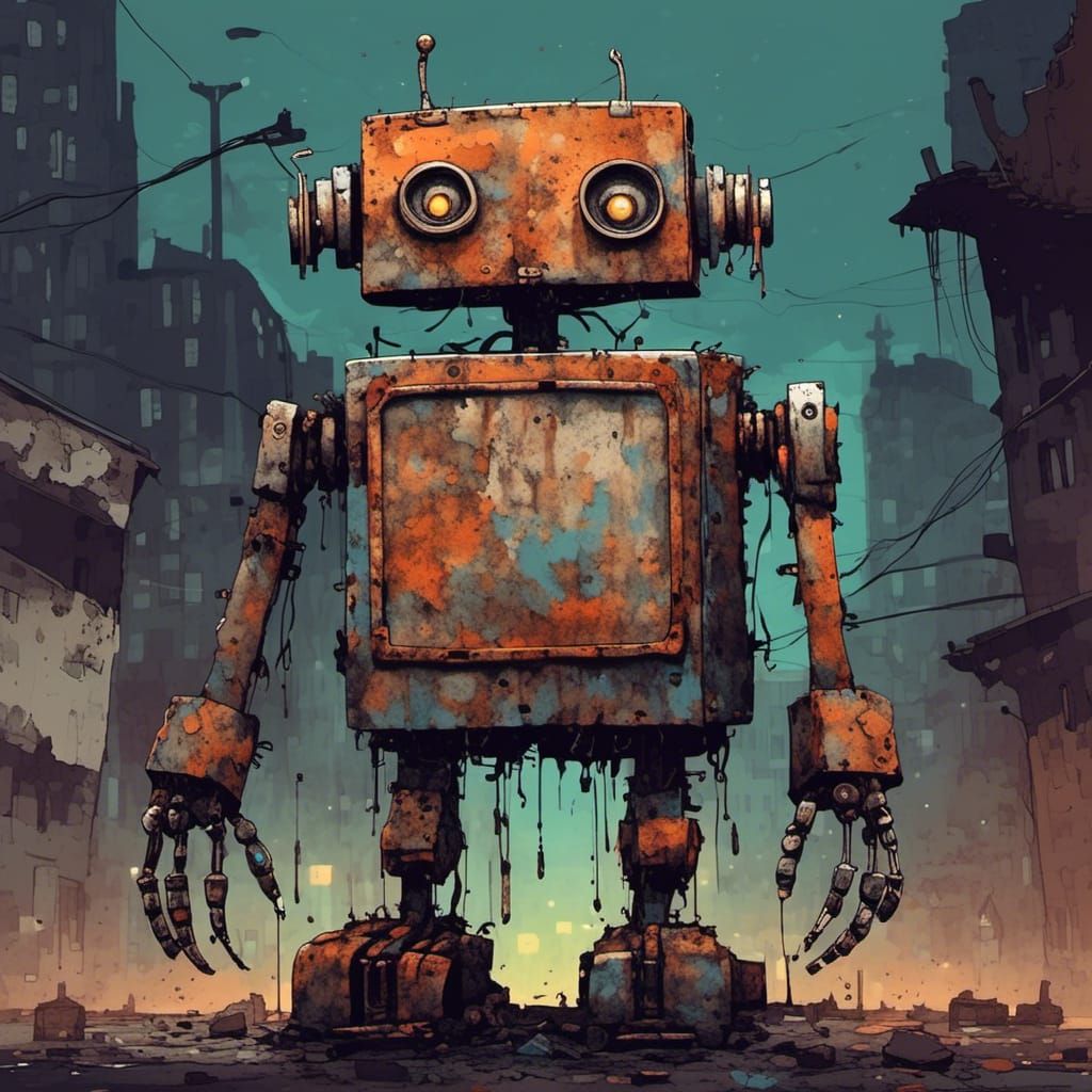 Friendly Scrap Metal Robot in Dim City Scrapyard