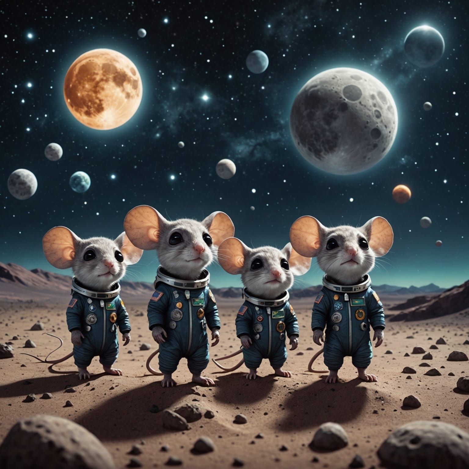 Hyper-Realistic Alien Mice on Moon with UFOs
