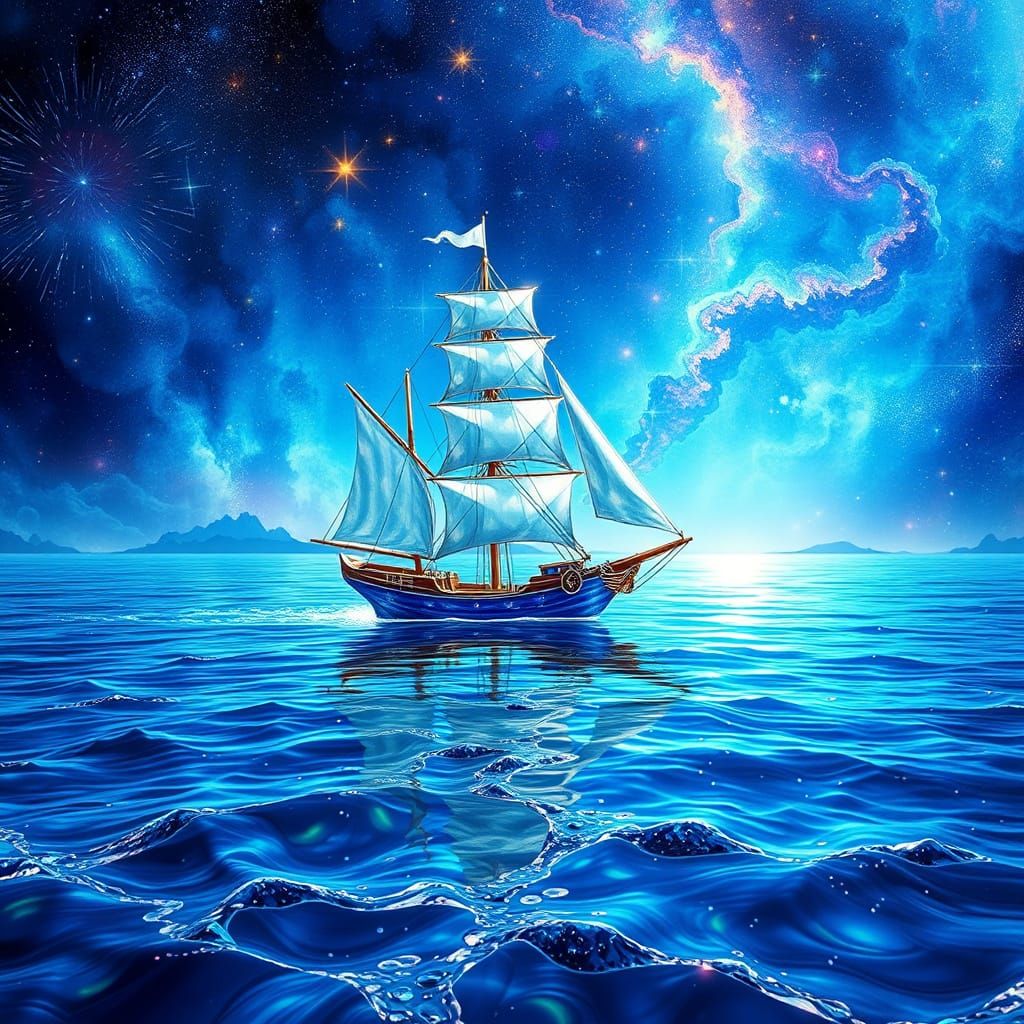 Glass Ship Sails Cosmic Blue Sea