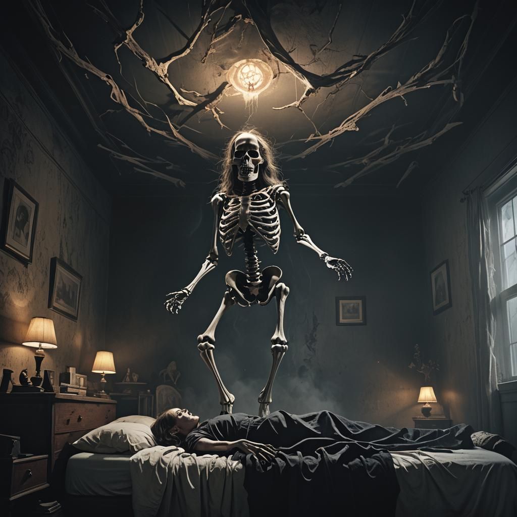 Haunted Female Skeleton Levitates in Dark Fantasy Scene