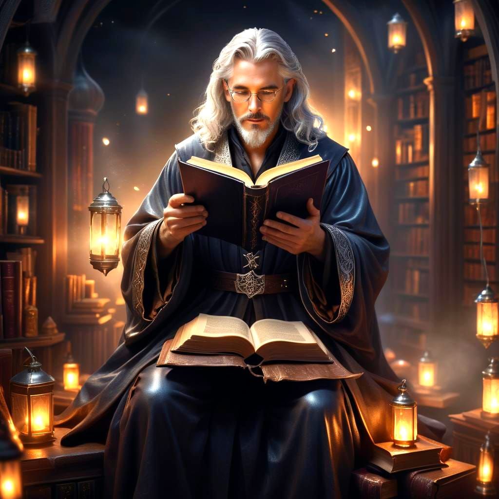 Handsome Wizard Reading in Moody Study