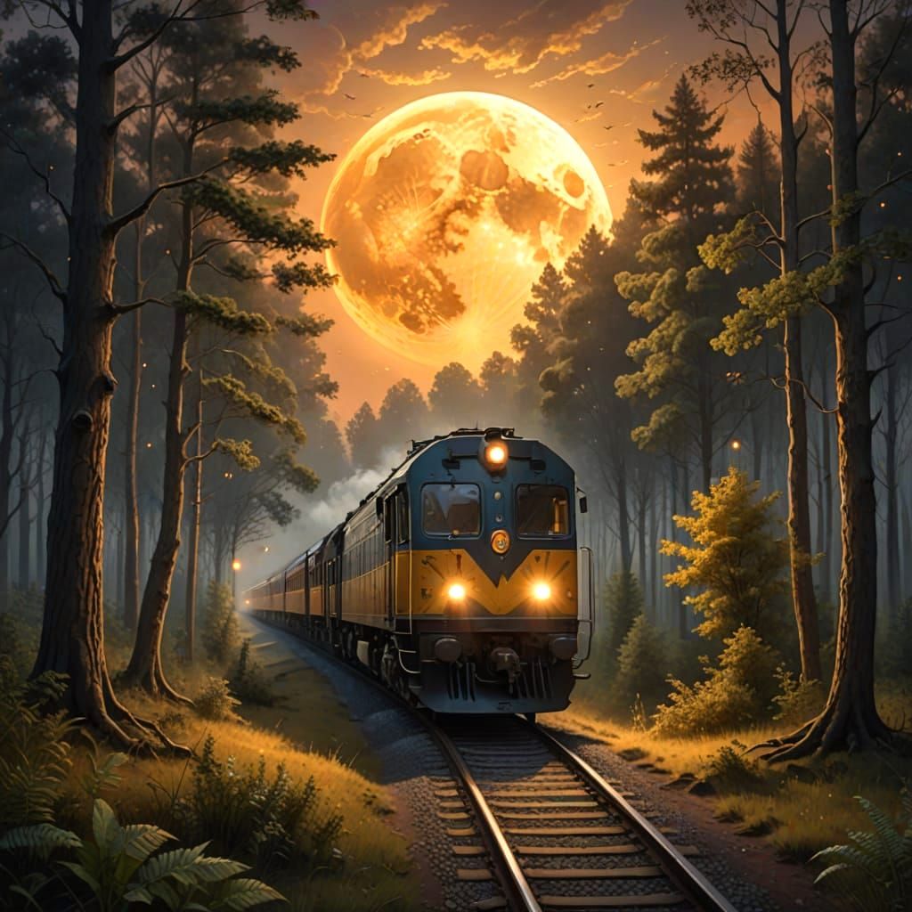 Train in a Moonlit Forest Landscape