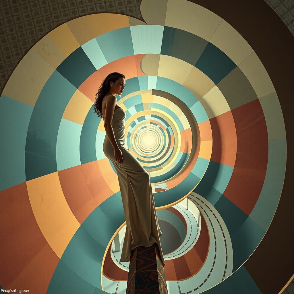 Elegant Woman on Infinite Spiral in Cubist Art Deco Style