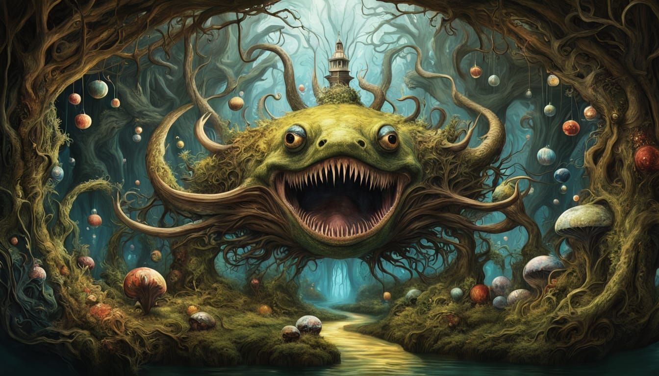 Hyperrealistic Surreal Art Nouveau Scene with Cryptid Elemen...