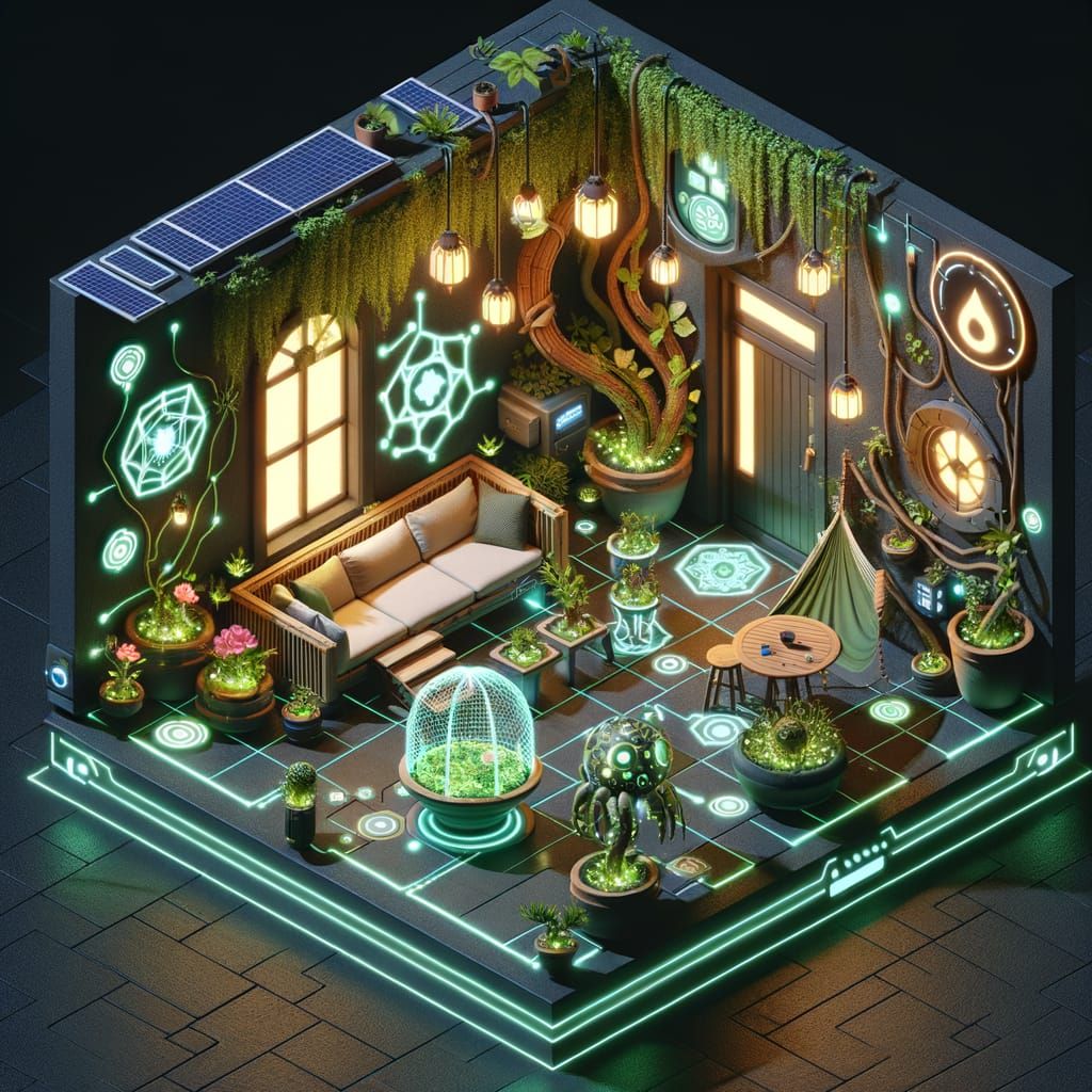 Isometric 'Monster House' Patio with Bioluminescent Moss