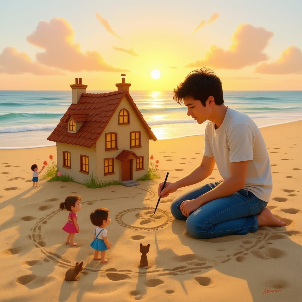 Man Draws Whimsical Beach Scene at Sunset