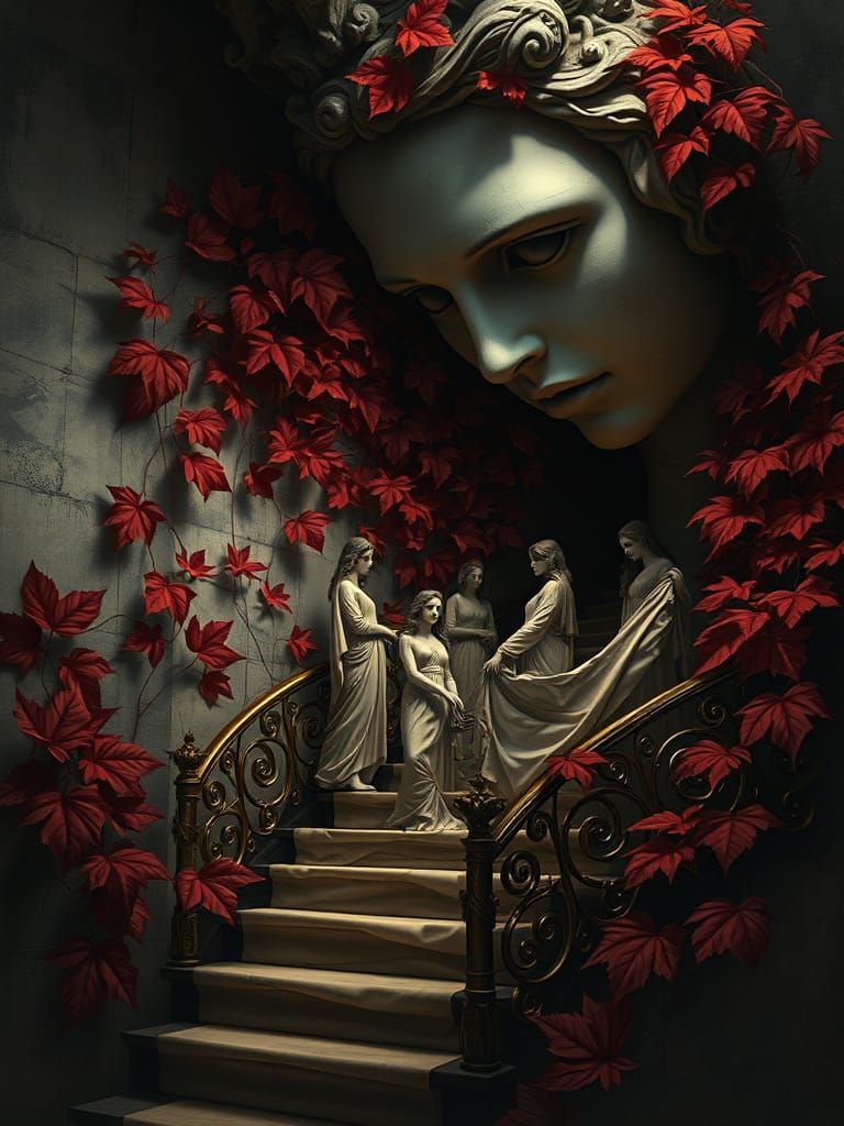 Dreamlike Surrealism: Statue Face Amidst Crimson Leaves and ...