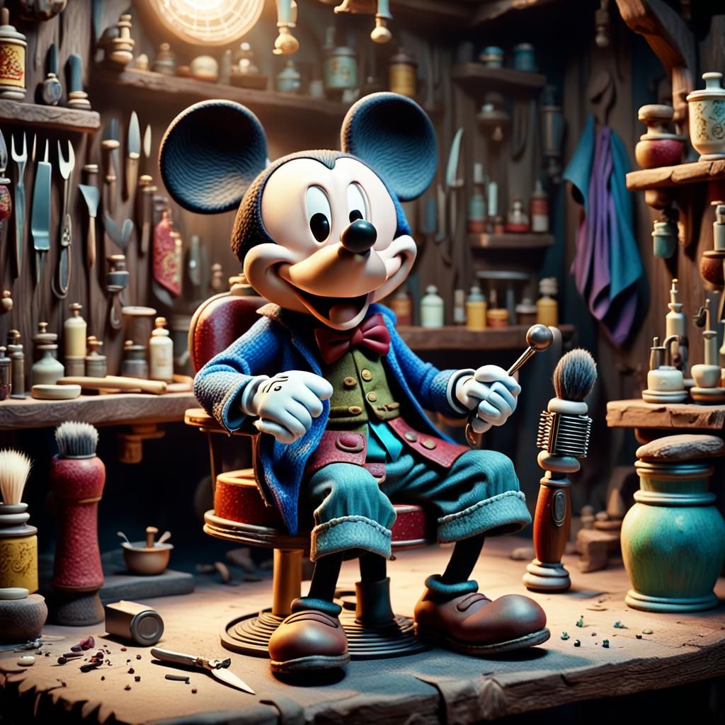 An claymation Mickey Mouse, transformed into a barber character