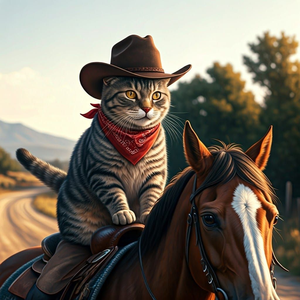 Cat in Cowboy Hat Riding Horse, Western Fantasy