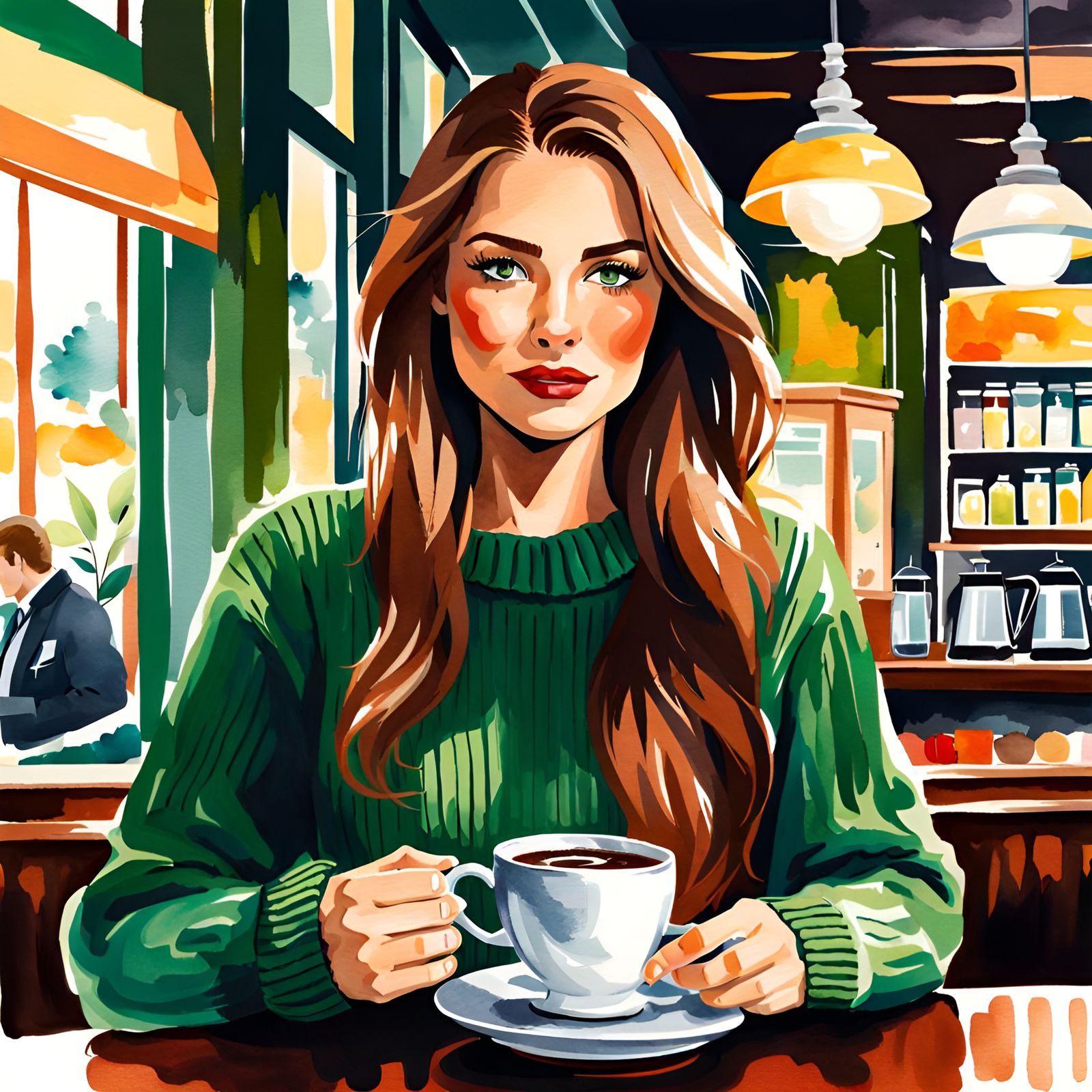 Young Woman in Coffee Bar, Watercolor Gouache