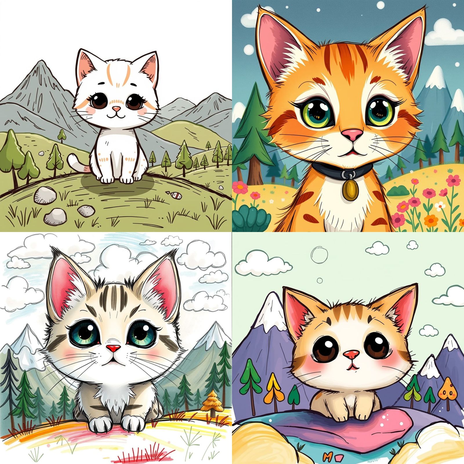 Cute Chibi Cat in Doodle Fantasy Landscape